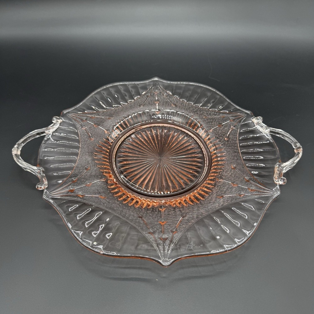 Vtg Lancaster Pink Depression Glass DART Scroll Handled Cake Plate Serving Tray